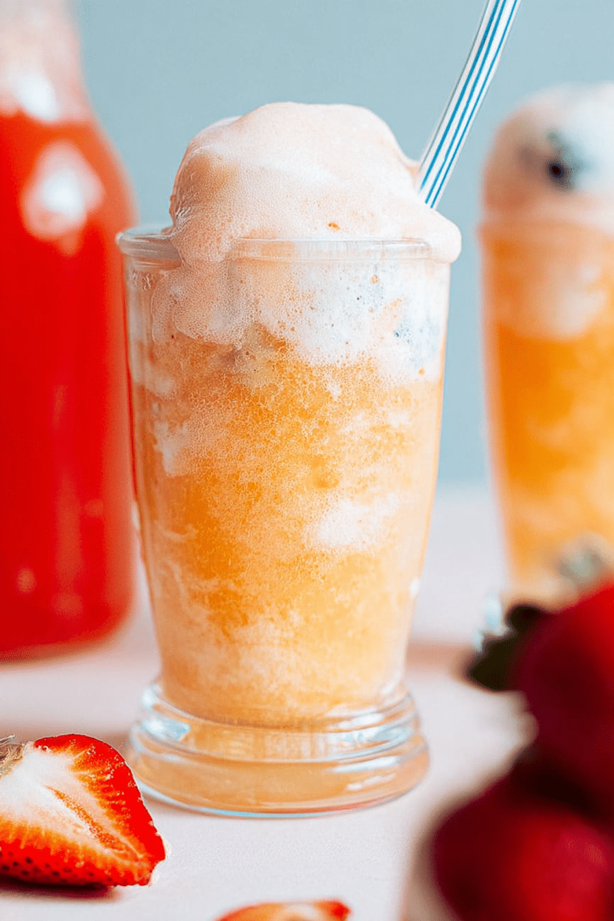 Vibrant kombucha ice cream float in a tall glass, garnished with fresh fruit, perfect for a summer treat.