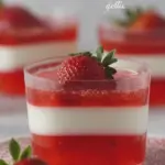 Layered strawberry coconut panna cotta in glass cups with fresh strawberries and mint garnish on a wooden table.
