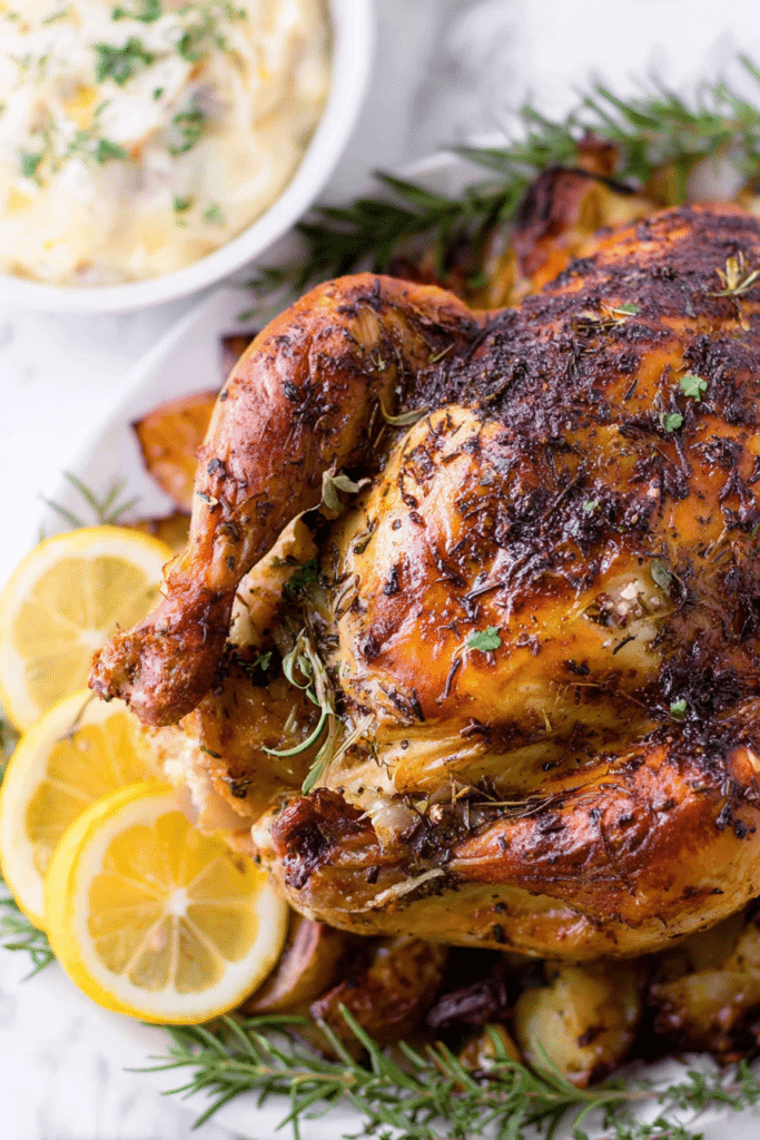 Lemon herb roasted chicken with crispy skin and fresh herbs on a wooden table