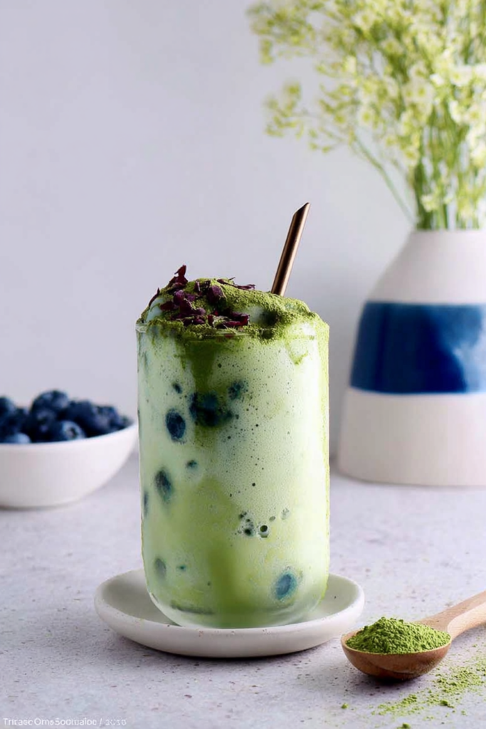 Delicious matcha frappuccino with blueberry swirl and whipped cream topping served in a clear glass.