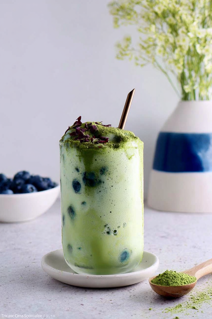 Delicious matcha frappuccino with blueberry swirl and whipped cream topping served in a clear glass.