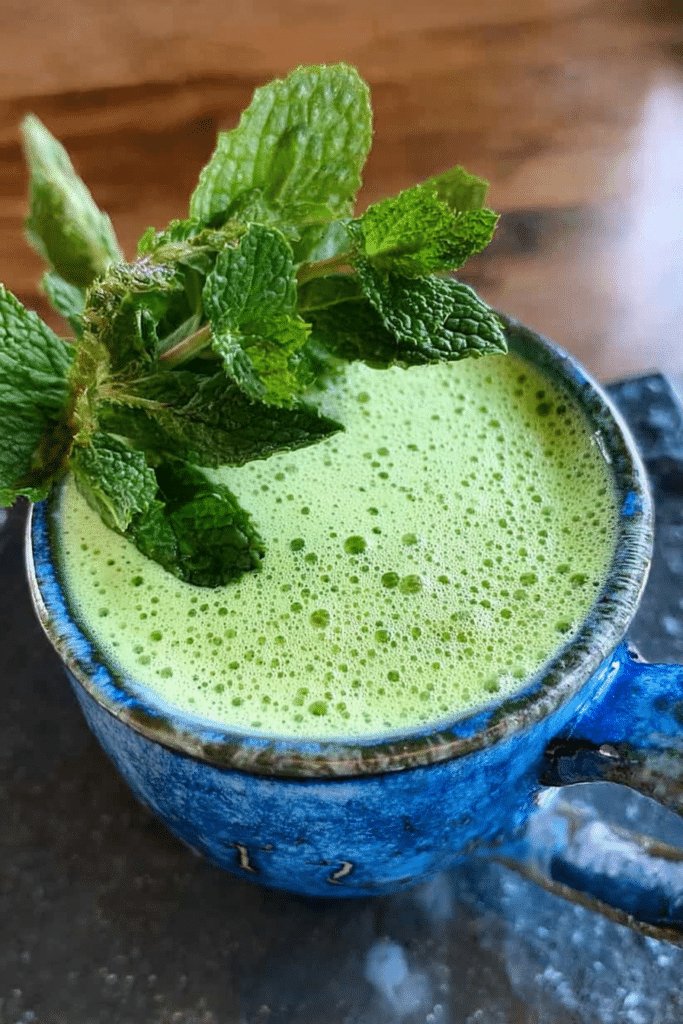 Close-up view of a mint matcha latte with fresh mint leaves on top, served in a clear glass.
