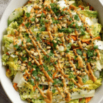 Fresh napa cabbage salad with carrots, scallions, and peanuts in a bowl, drizzled with peanut ginger dressing.