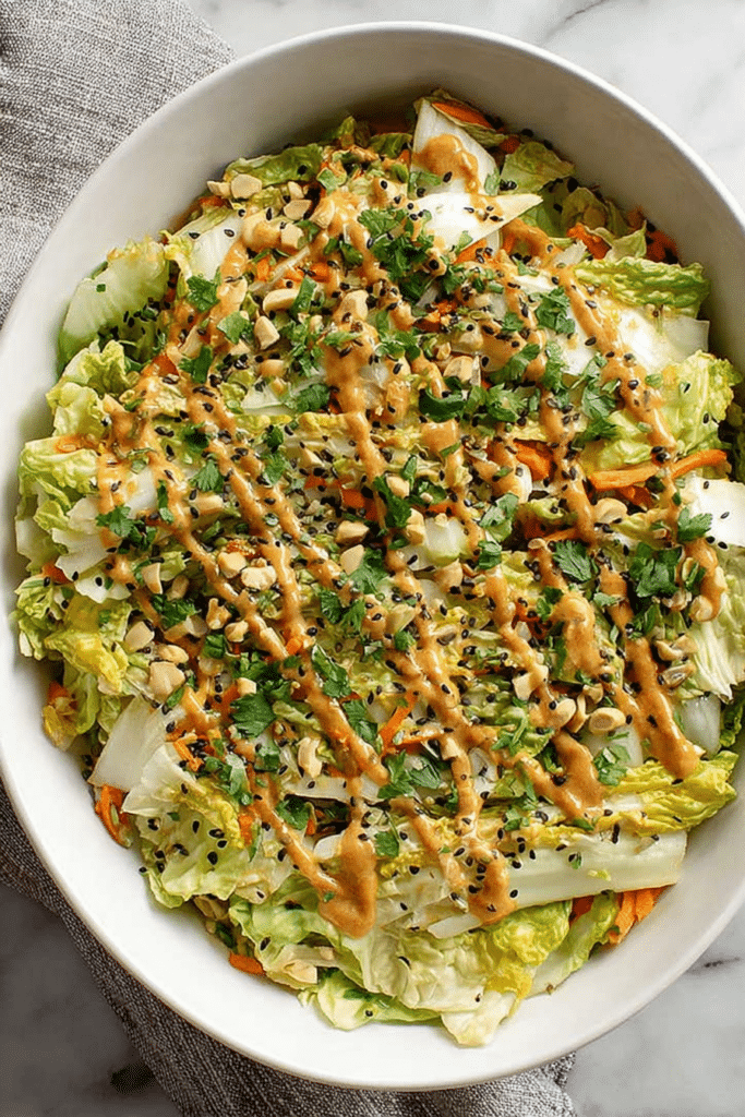 Fresh napa cabbage salad with carrots, scallions, and peanuts in a bowl, drizzled with peanut ginger dressing.