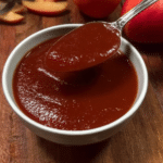 Homemade nectarine barbecue sauce in a jar, garnished with fresh nectarines, next to grilled meats