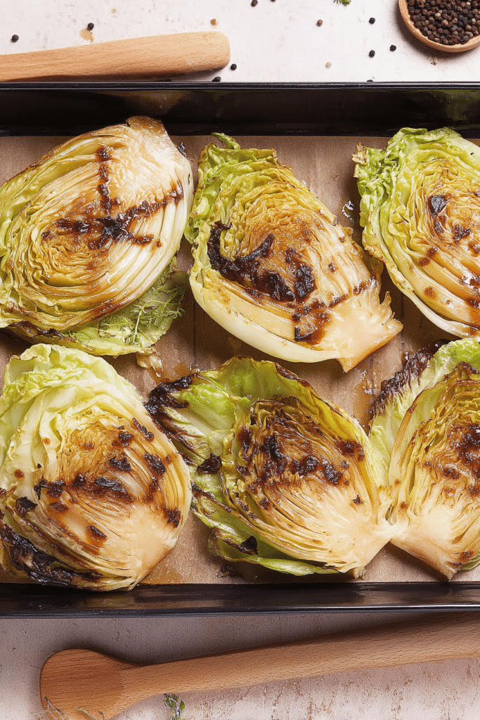 Oven baked cabbage wedge with mustard sauce garnished with parsley on a plate.