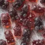 Vibrant homemade paleo keto gummies in a glass jar with fresh raspberries and lemon around it.