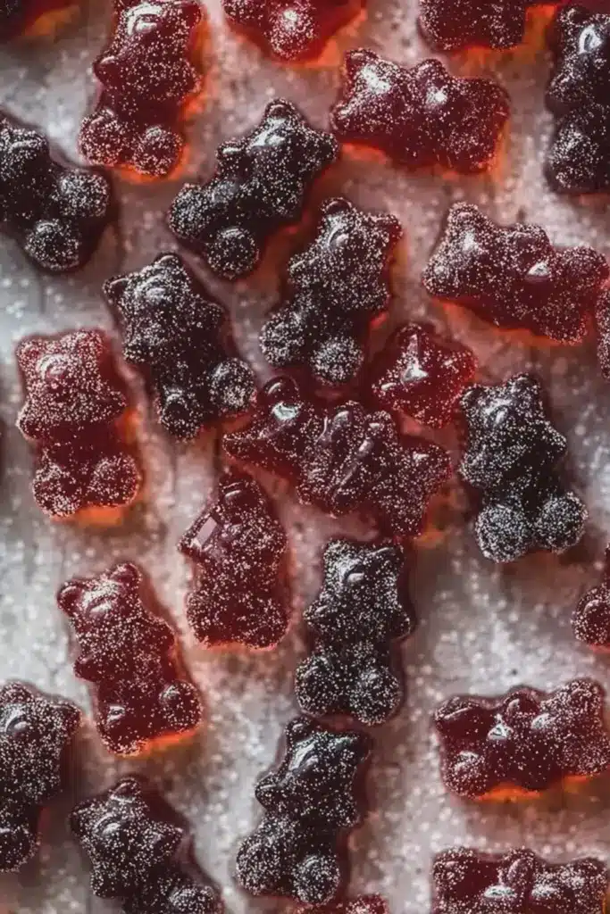 Vibrant homemade paleo keto gummies in a glass jar with fresh raspberries and lemon around it.