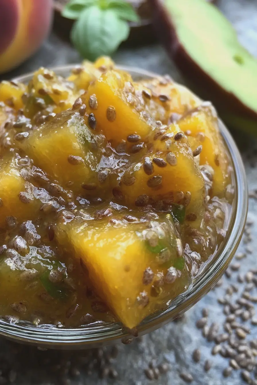 Homemade peach basil jam in a jar with fresh peaches and basil leaves on a wooden table.