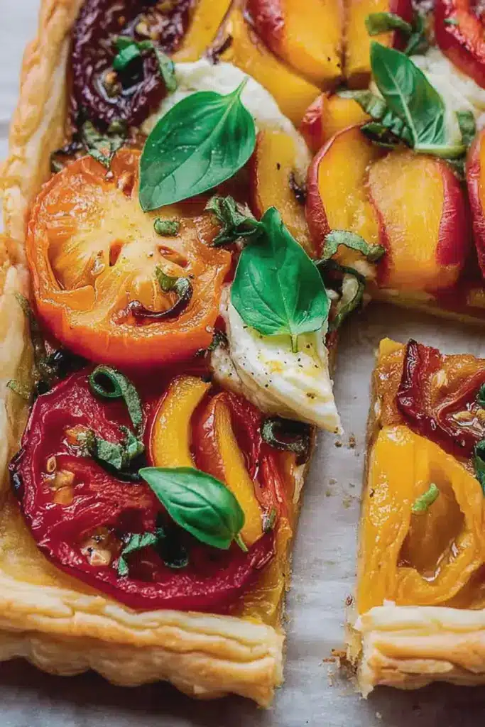 Delicious peach caprese tart with heirloom tomatoes and mozzarella on a rustic wooden table, garnished with fresh basil and balsamic glaze.