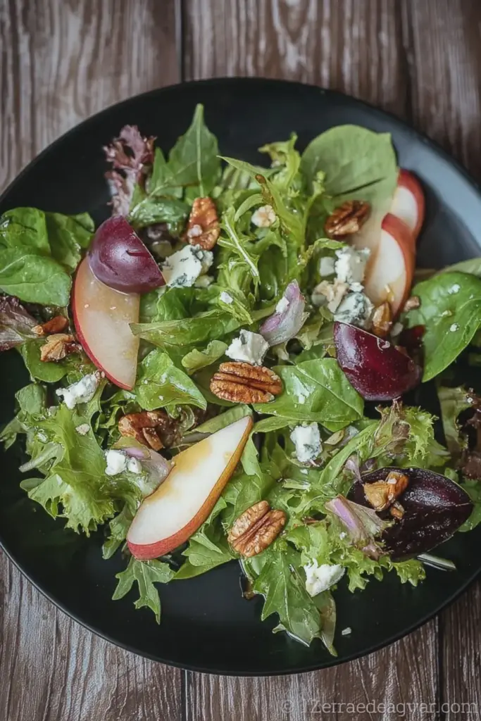 Pear Gorgonzola Salad with Plum Vinaigrette on a wooden table, featuring spring mix greens, sliced red pears, crumbled Gorgonzola cheese, and a bowl of plum vinaigrette.