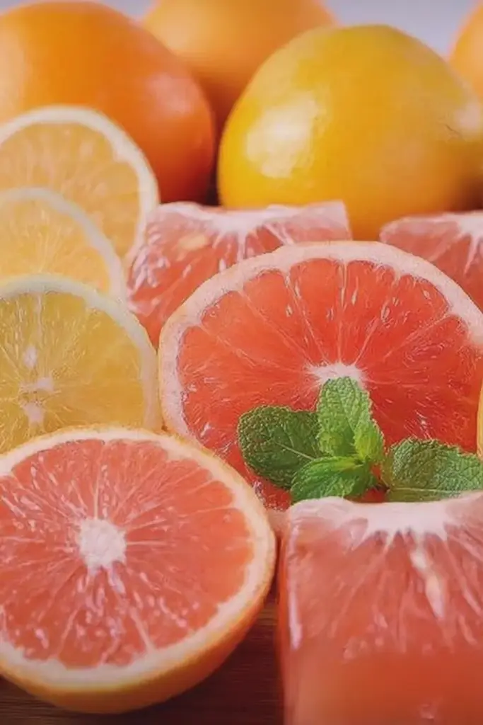 Pink grapefruit, raspberries, and mint jellies served in glass cups with fresh mint leaves on top