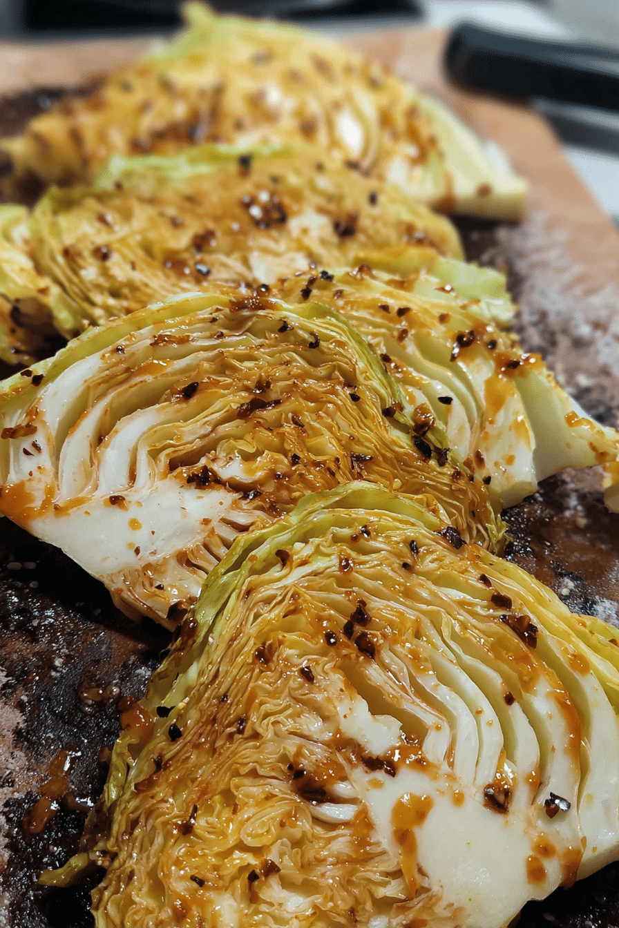 Plated spicy baked cabbage garnished with herbs.