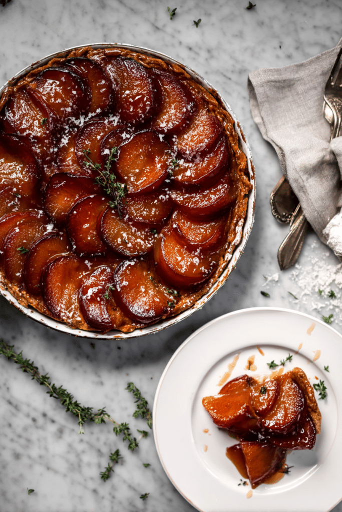 Slice of plum & thyme tarte tatin with fresh thyme and plums on a wooden table.