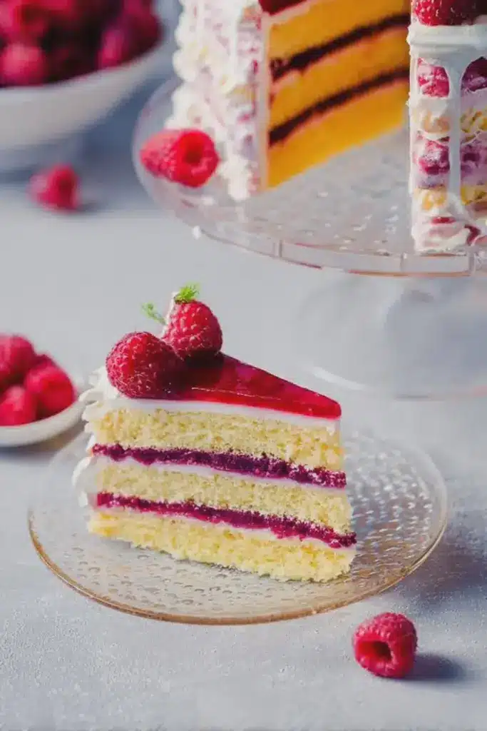 Slice of raspberry cake with cream cheese frosting garnished with fresh raspberries, showcasing the layers of cake and frosting.