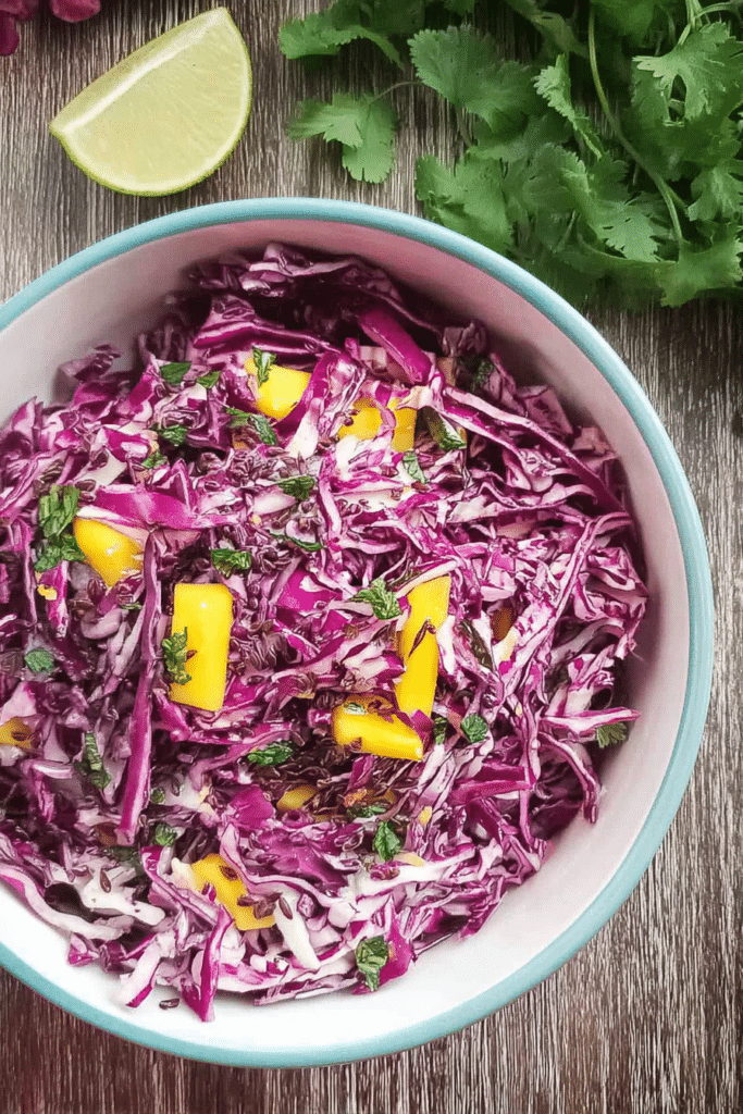 Bowl of colorful red cabbage and mango slaw with cilantro on a wooden table, surrounded by whole mangoes and red cabbage.