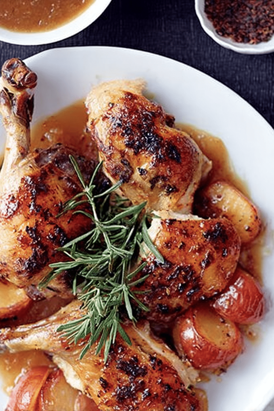 Roast chicken with plums, honey and rosemary on a rustic wooden table, showcasing the vibrant colors of the ingredients.