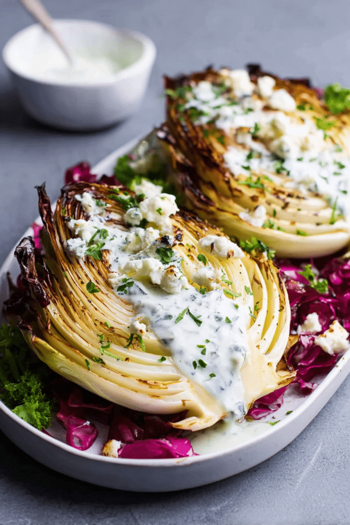 Roasted cabbage wedges topped with blue cheese sauce and parsley on a wooden table.