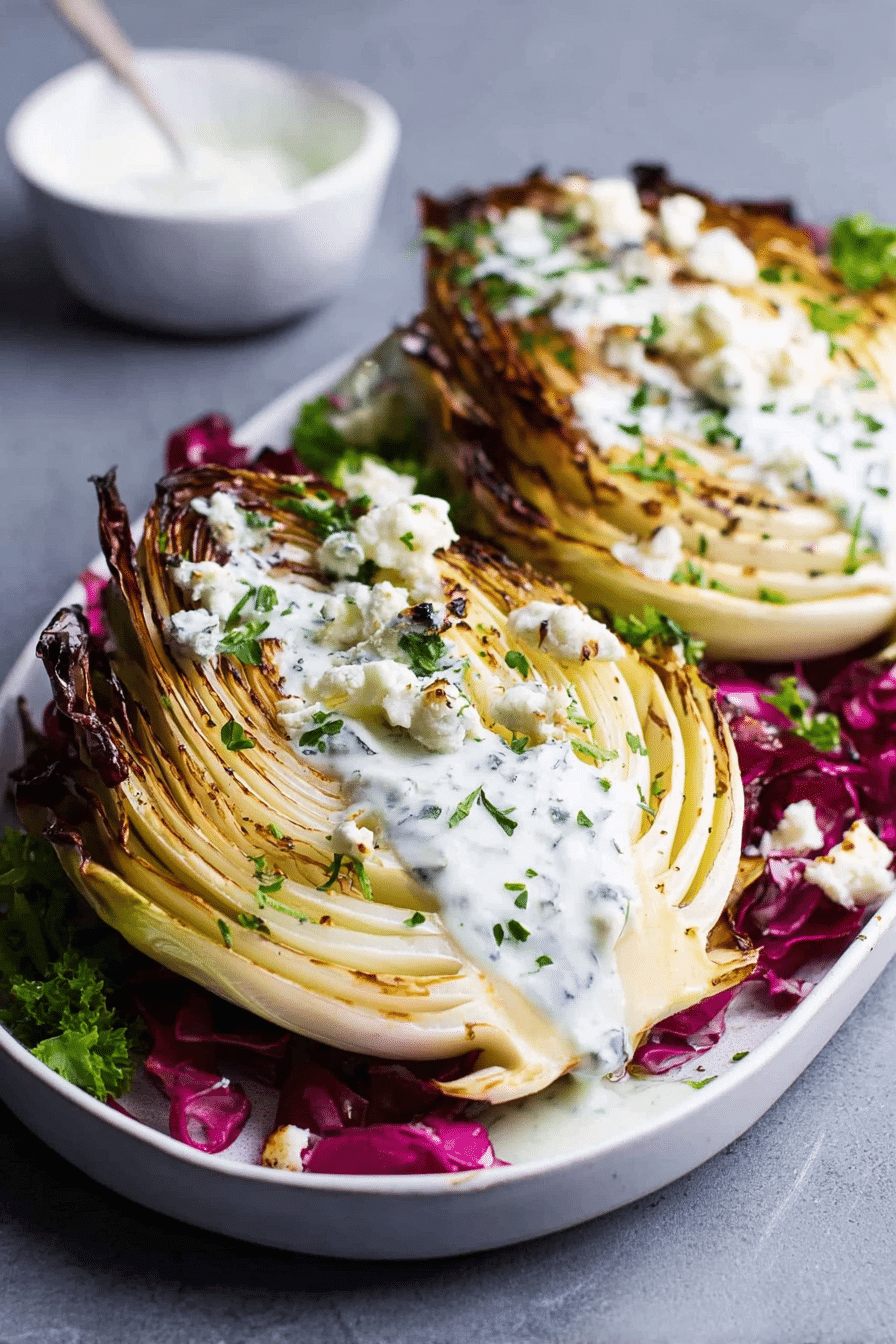 Roasted cabbage wedges topped with blue cheese sauce and parsley on a wooden table.