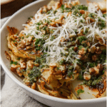 Roasted cabbage with Parmesan cheese and walnuts on a wooden board, featuring a crispy caramelized surface.