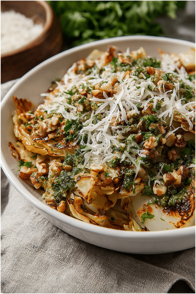 Roasted cabbage with Parmesan cheese and walnuts on a wooden board, featuring a crispy caramelized surface.