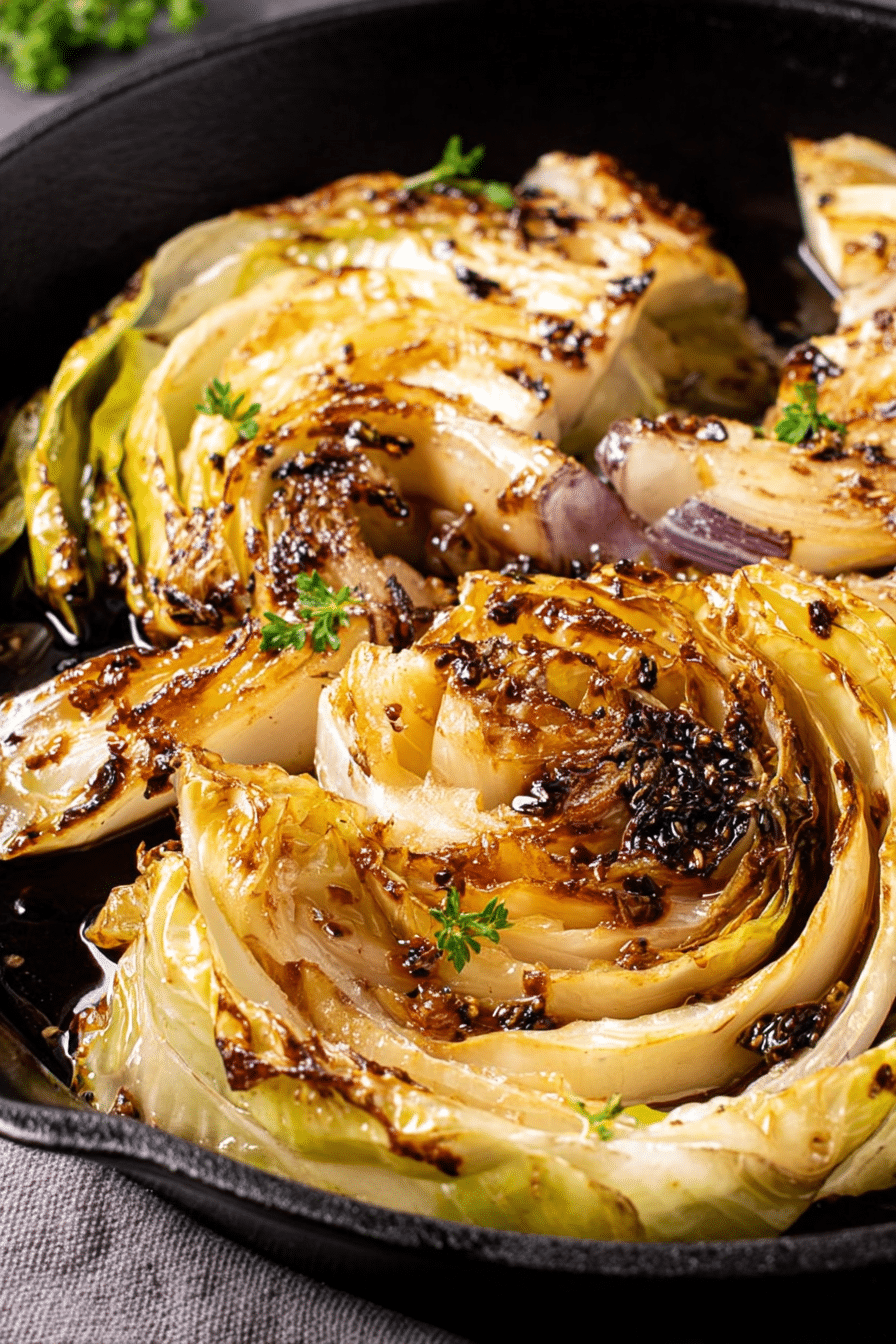 Close-up of roasted cabbage wedges drizzled with hot honey on a rustic table