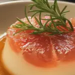 Rosemary honey panna cotta with grapefruit jelly garnished with fresh berries and mint leaves.