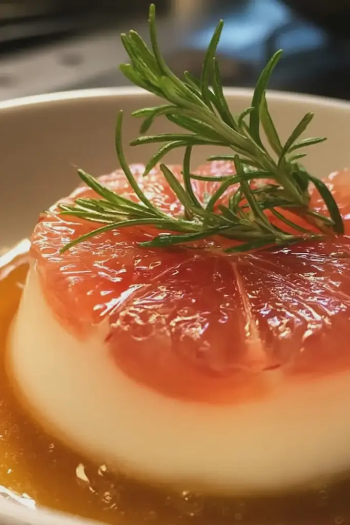 Rosemary honey panna cotta with grapefruit jelly garnished with fresh berries and mint leaves.
