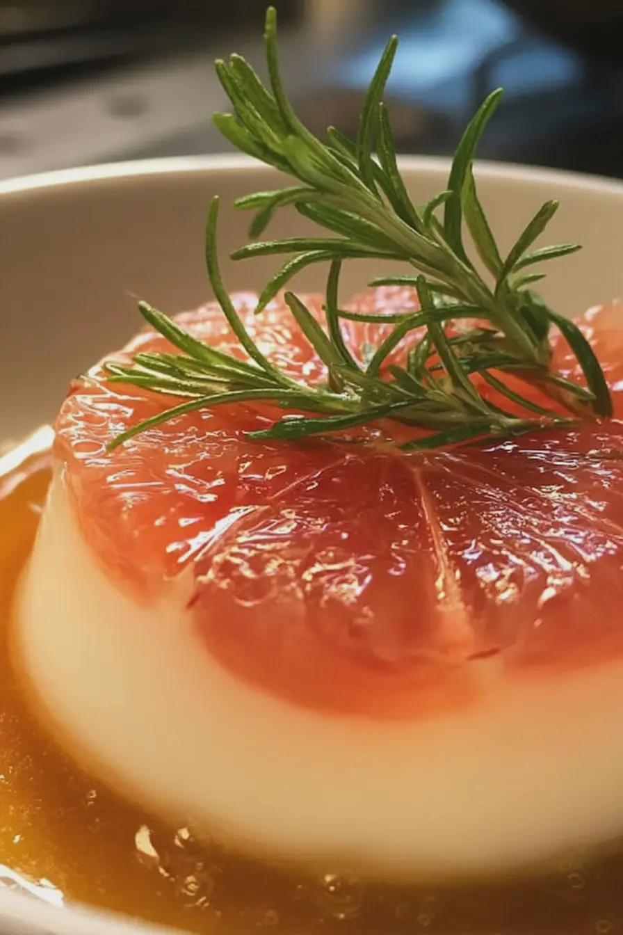 Rosemary honey panna cotta with grapefruit jelly garnished with fresh berries and mint leaves.