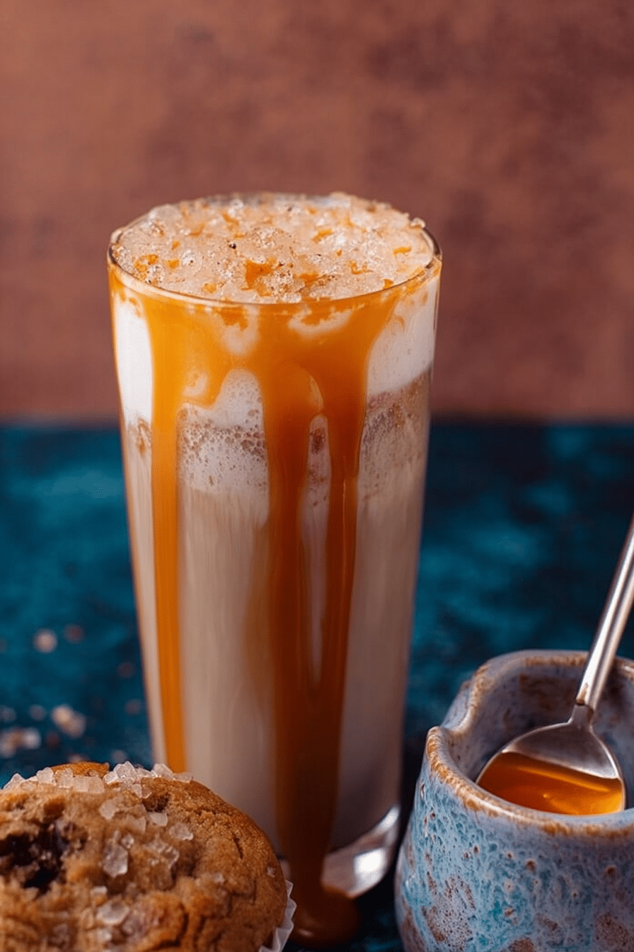 Delicious salted caramel latte with whipped cream, caramel drizzle, and a muffin, perfect for a cozy coffee break