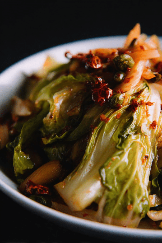 Sichuan hand-torn cabbage stir-fry served in a bowl, garnished with dried chilies and Sichuan pepper, highlighting the colorful ingredients.