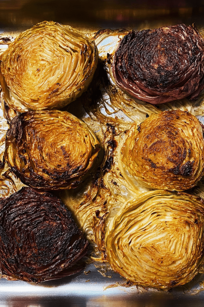 Grilled smoked cabbage steaks with a golden brown crust on a wooden board, garnished with herbs.