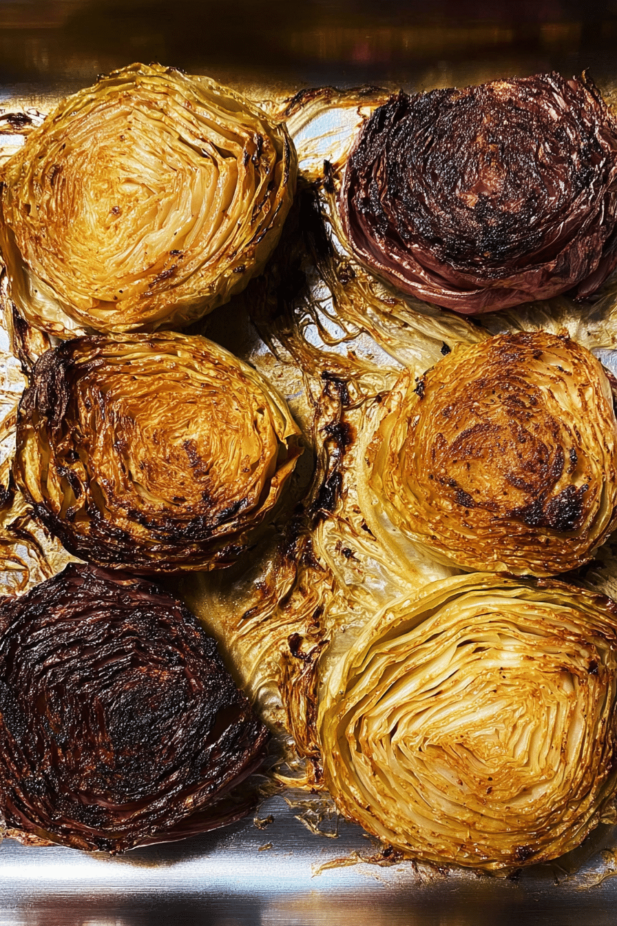 Grilled smoked cabbage steaks with a golden brown crust on a wooden board, garnished with herbs.
