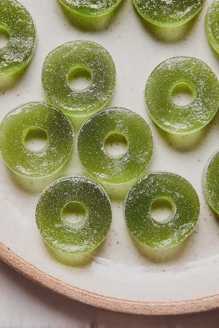 Homemade sour apple ring gummies on a wooden table with fresh apples and sugar.