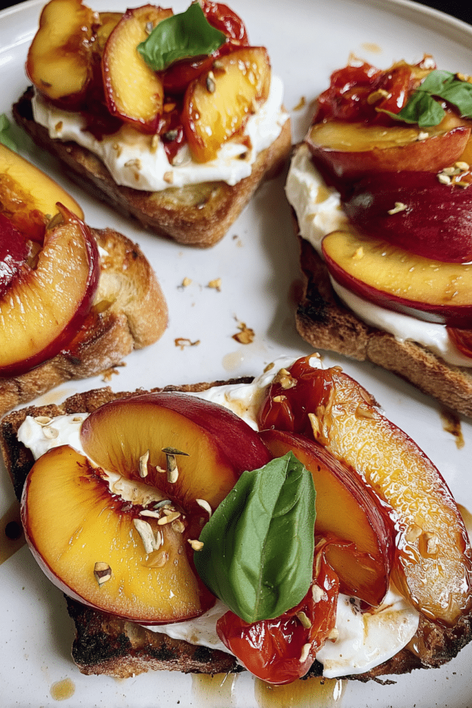 Sourdough toast topped with grilled nectarine and creamy burrata, garnished with basil and served on a wooden table.