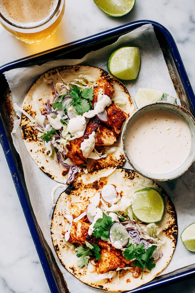 Close-up of spicy fish taco with cabbage slaw and lime crema on a wooden table.