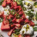 A refreshing strawberry watermelon salad with burrata, garnished with fresh herbs and balsamic drizzle, perfect for summer.