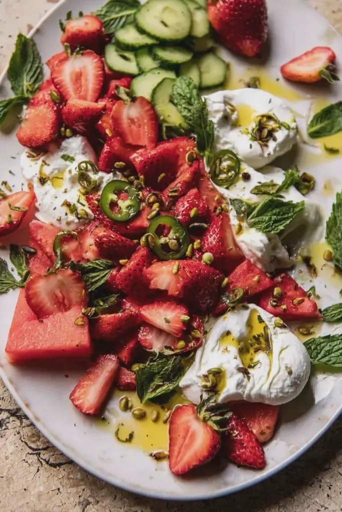 A refreshing strawberry watermelon salad with burrata, garnished with fresh herbs and balsamic drizzle, perfect for summer.