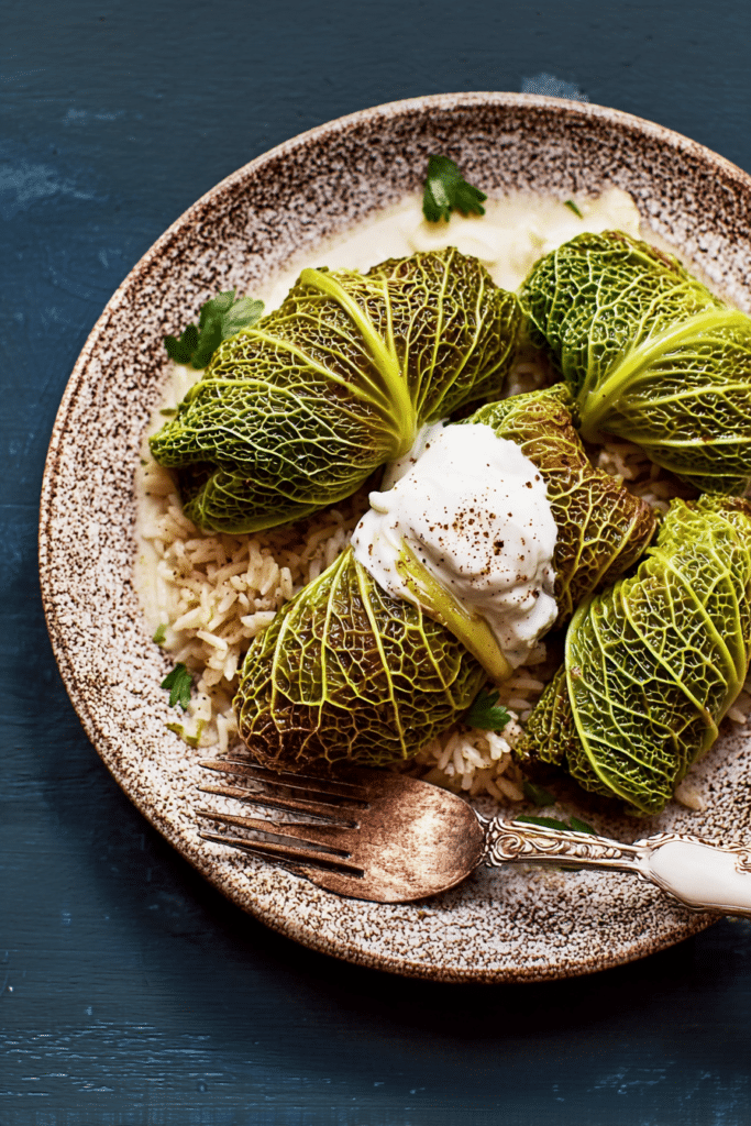 Close-up of stuffed cabbage rolls filled with rice and garnished with sour cream and herbs