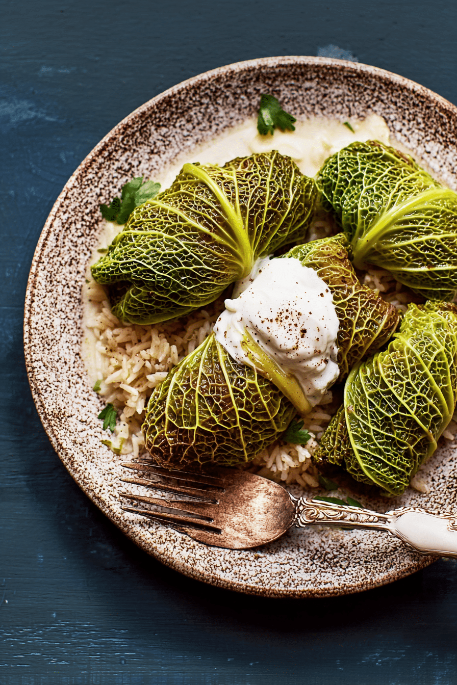 Close-up of stuffed cabbage rolls filled with rice and garnished with sour cream and herbs
