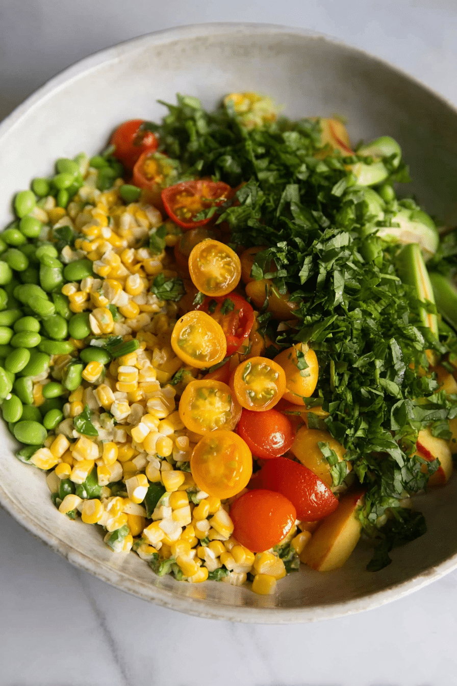 A colorful summer succotash with grilled corn, cherry tomatoes, and herbs served in a bowl