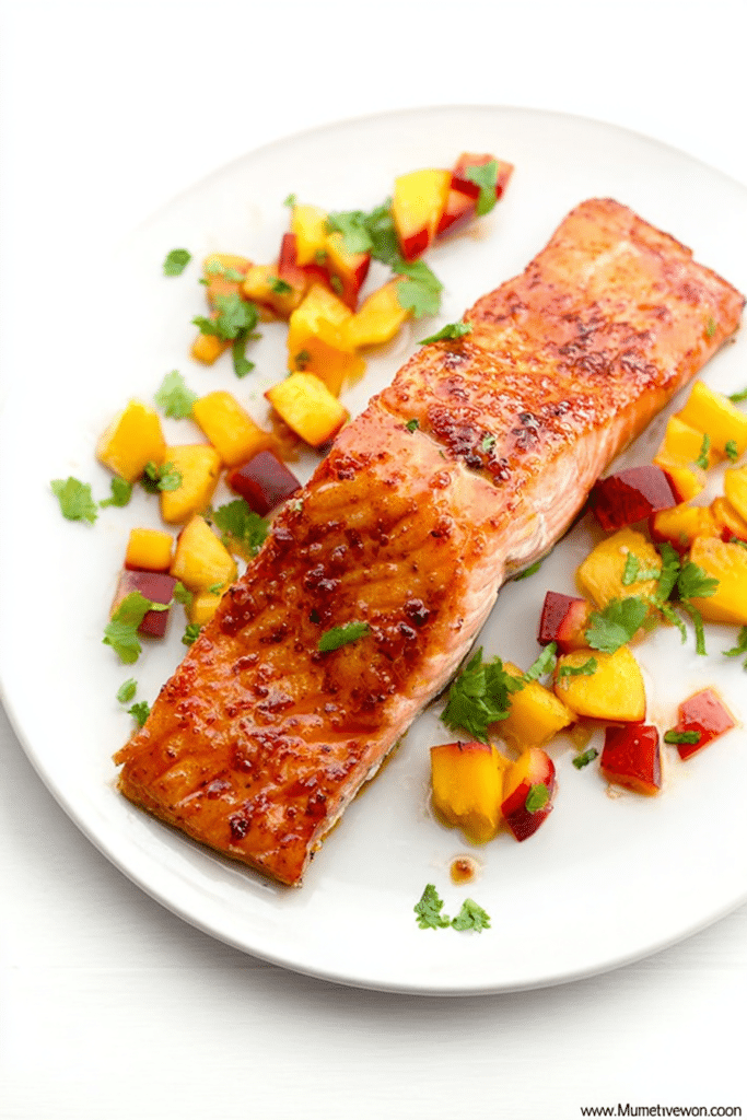 Plated sweet and spicy glazed salmon with peach and pepper relish garnished with fresh herbs.