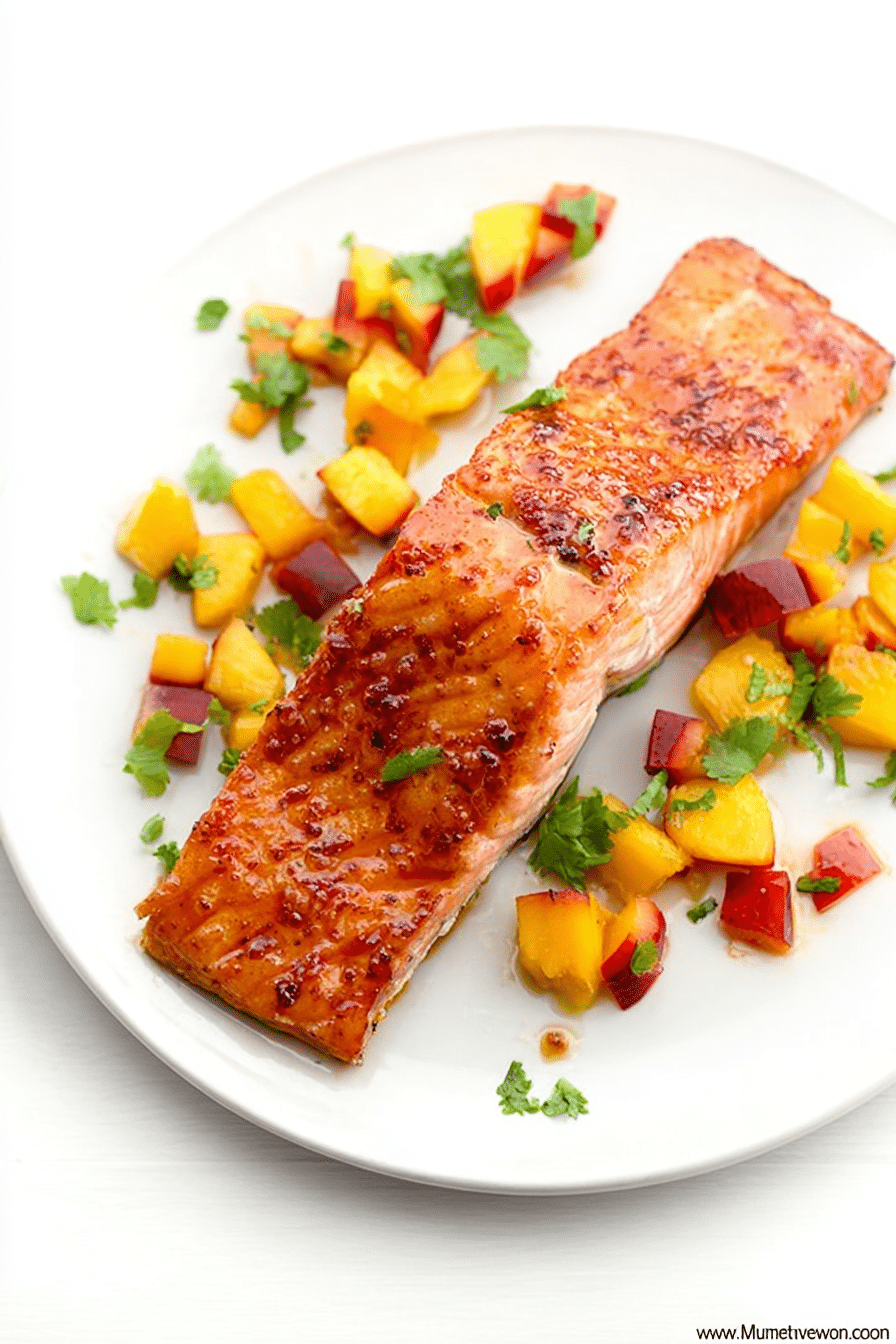 Plated sweet and spicy glazed salmon with peach and pepper relish garnished with fresh herbs.