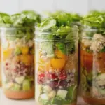 Colorful mason jar salad with layers of veggies, protein, and dressing ready for meal prep.