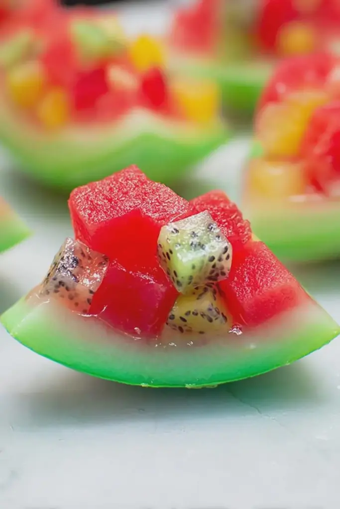 Watermelon fruit jelly served in a hollowed watermelon half with assorted fruits.
