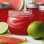 Jar of homemade watermelon jelly with fresh watermelon slices and mint on a wooden table