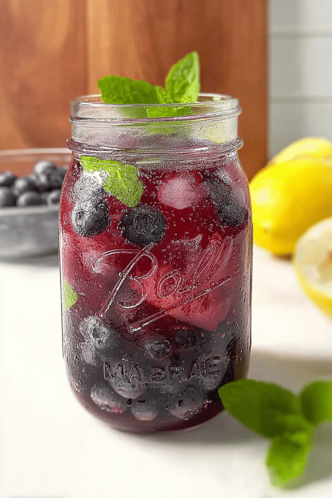 A refreshing glass of wild blueberry water with a hint of lemon and mint on a wooden table with blueberries and mint leaves.