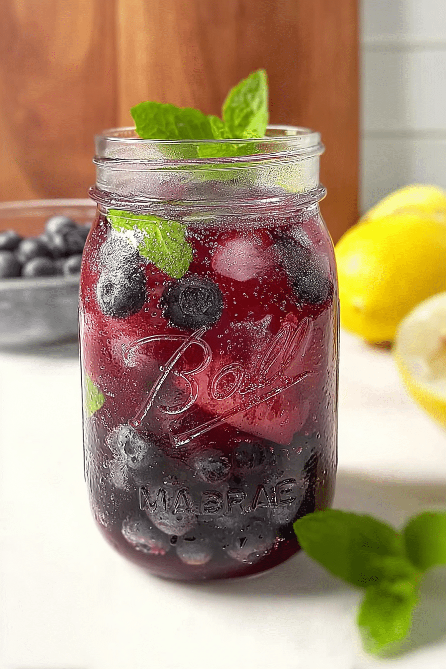 A refreshing glass of wild blueberry water with a hint of lemon and mint on a wooden table with blueberries and mint leaves.